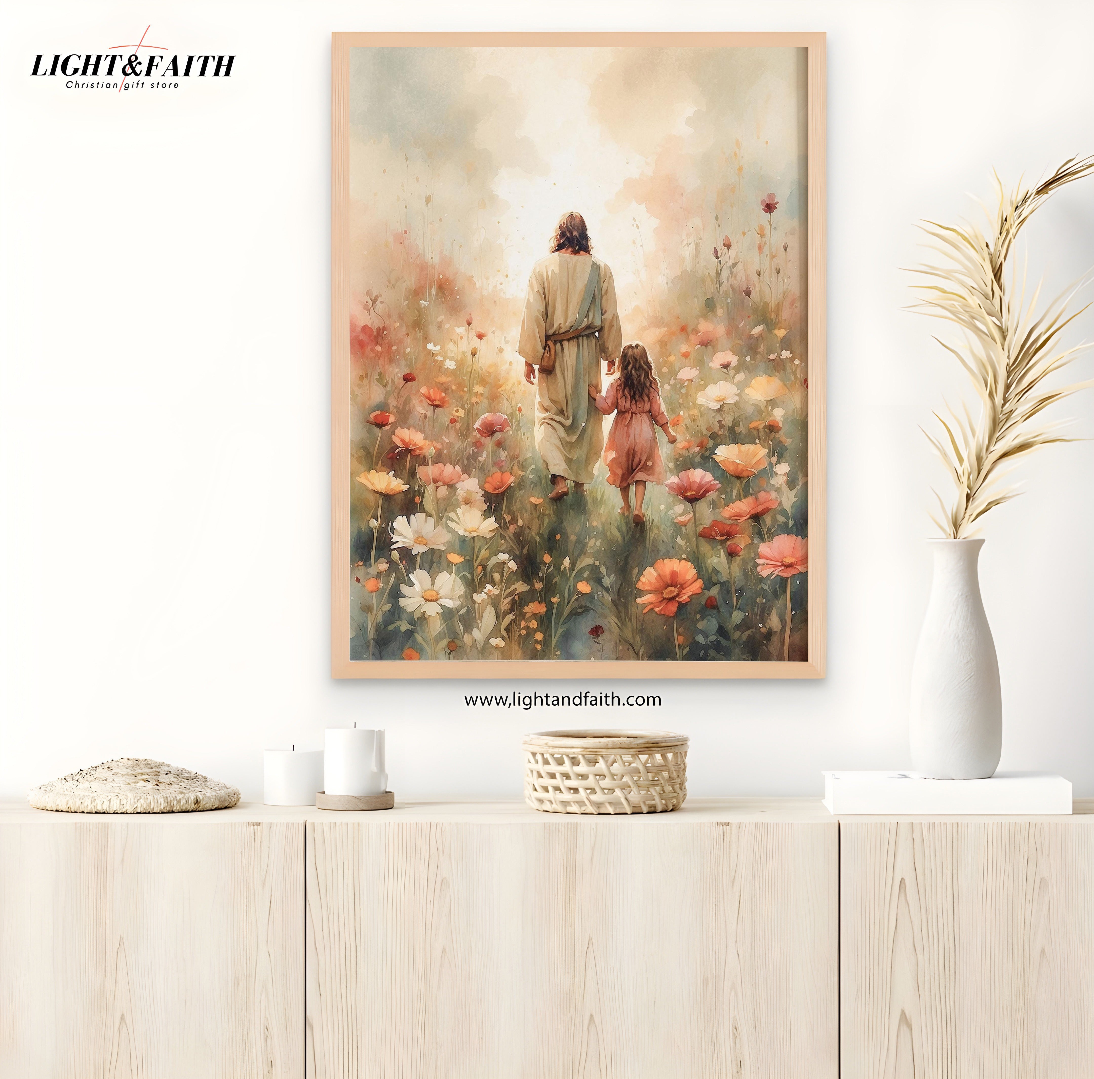 Jesus Walking with Little Girl Poster, Come Follow Me Christian Wall Art, Jesus Flower Field Watercolor Painting, Religious Home Decor, Christian Gift